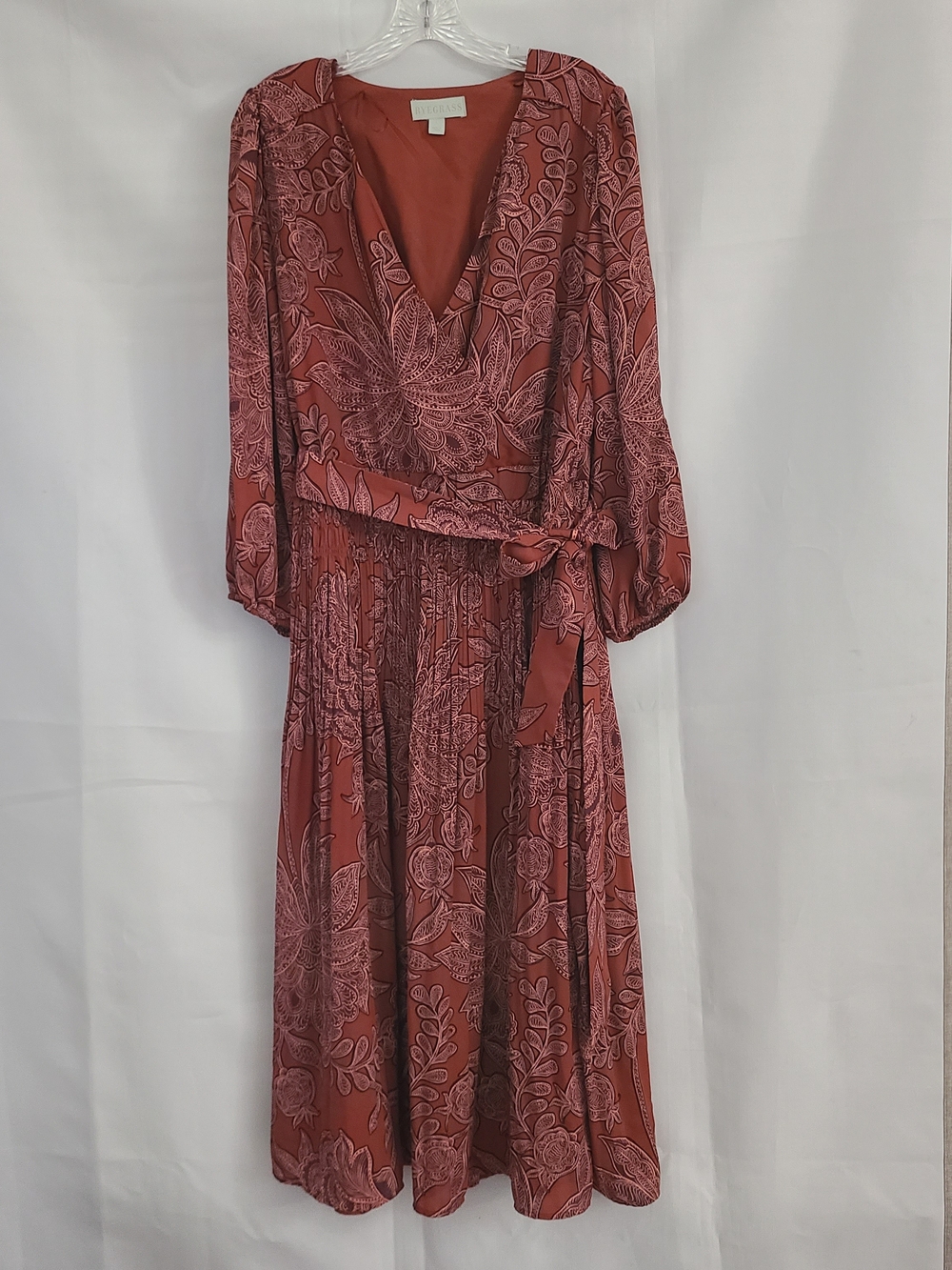 Ryegrass L Brown Burgundy Floral Pomegranate Pleated Balloon Sleeves Midi Dress